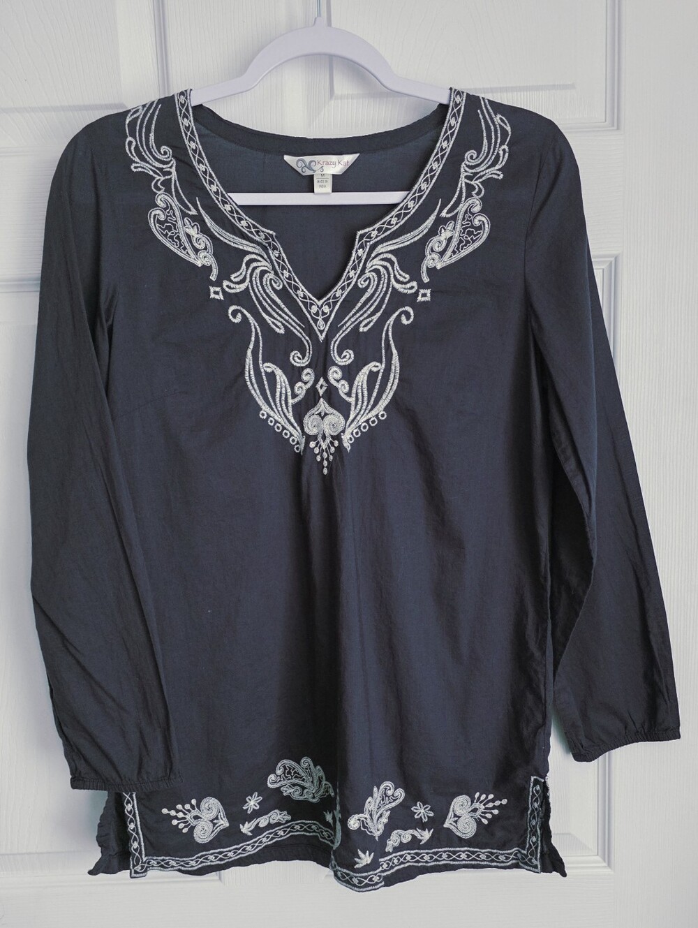 Krazy Kat Navy Blue Cotton Embroidered Tunic Blouse Boho V-Neck Top Size M